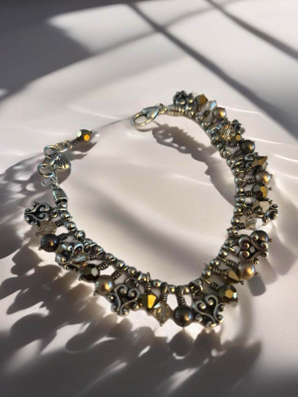 Brighton Cannes Beaded Bracelet Clear Crystals Grey Silver Faux Pearls.